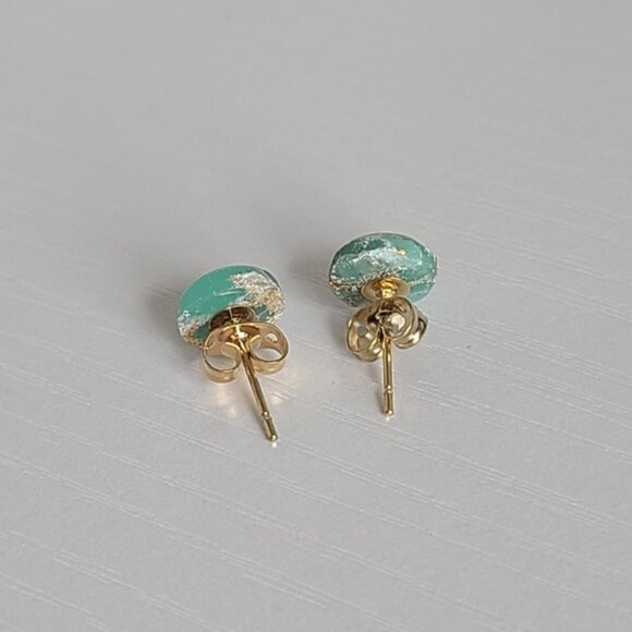 Boho Seafoam Light Green Gold Agate Gemstone Round Mini Circle Stud Earrings - Picture 11 of 15